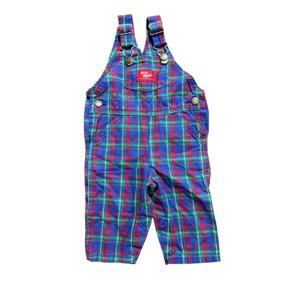 Vintage OshKosh B'Gosh Overalls Red And Blue Plaid Romper Vestbak Size 6/9 Mo - Picture 1 of 10
